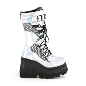 Goth Wedge Platform Hologram Lace Up Calf Boots